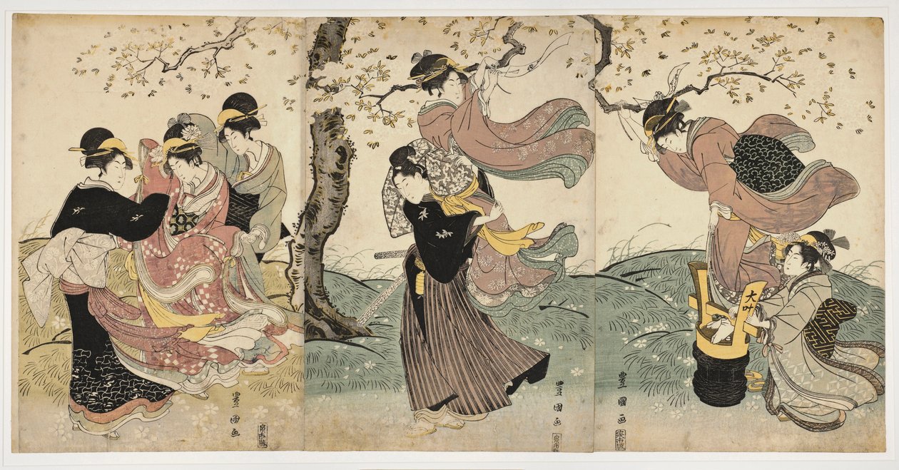 Japansk kunst: Flowers in the Wind (scene med kvinner og en mann som henger serpentiner fra grenene på et tre) - Trykk av Utagawa Toyokuni (1769-1825) linosnitt (37,8x75,9), ca. 1797-1800 - Honolulu Academy of Arts av Toyokuni Utagawa