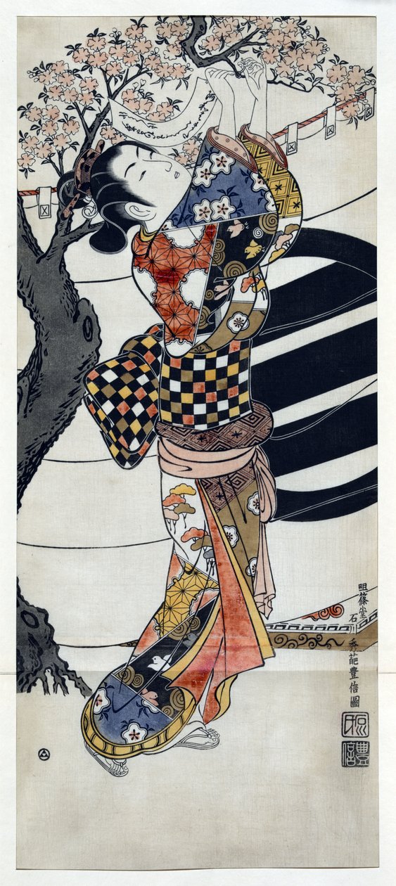 Japansk kvinne iført en kimono som henger dikt i et blomstrende kirsebærtre, japansk tresnitt av Ishikawa Toyonobu (1711-1785) ca. 1741 av Toyonobu Ishikawa