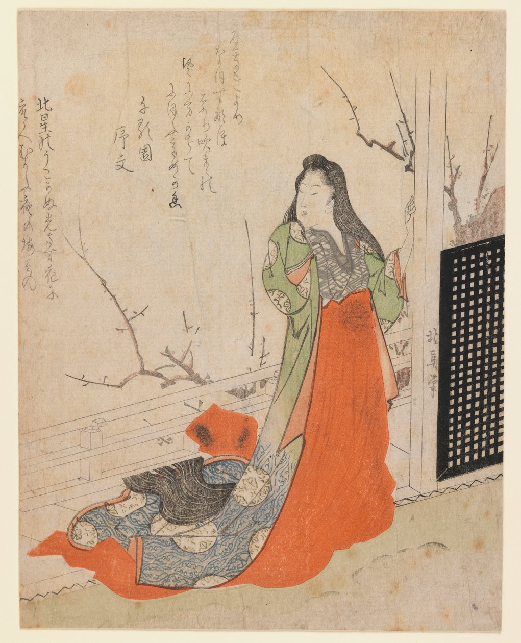Surimono, Lady on a Terrace, ca. 1830 (treblokktrykk) av Toyota Hokkei