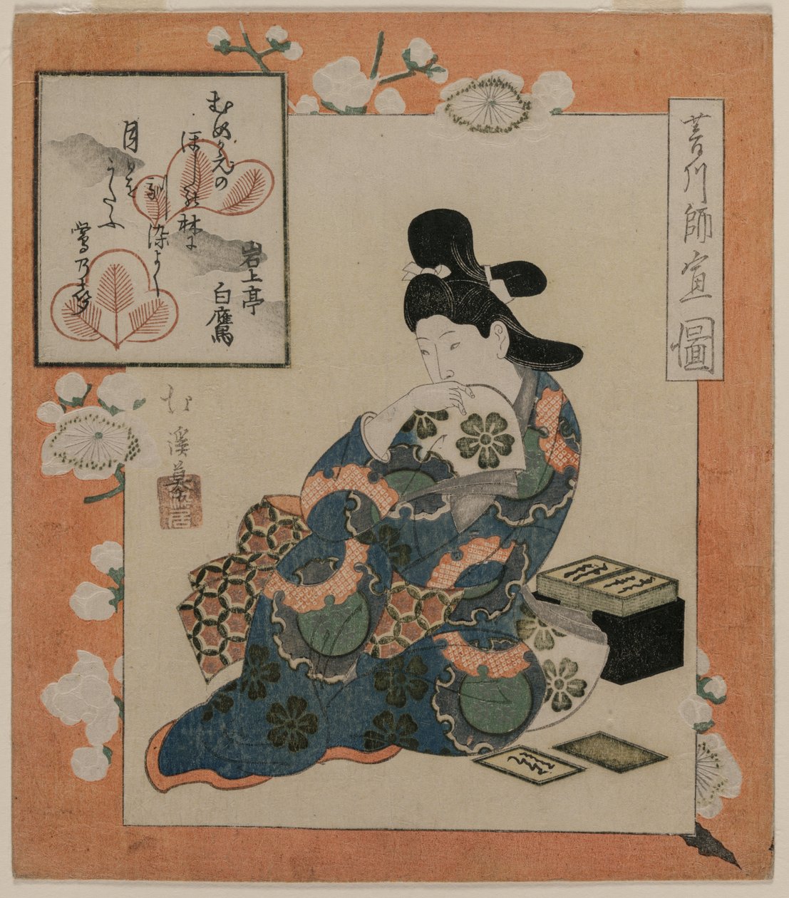 Et bilde av Hishikawa Moronobu: Kvinne med et sett med diktkort, midten av 1820-tallet. av Toyota Hokkei