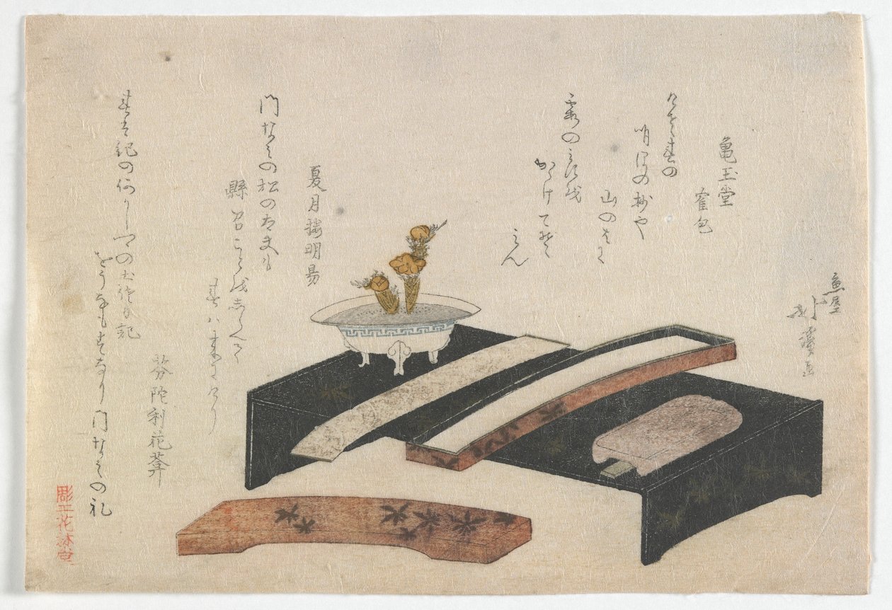 Surimono som illustrerer et skrivebord, Edo-perioden, ca. 1800-10 (farget treblokktrykk) av Toyota Hokkei