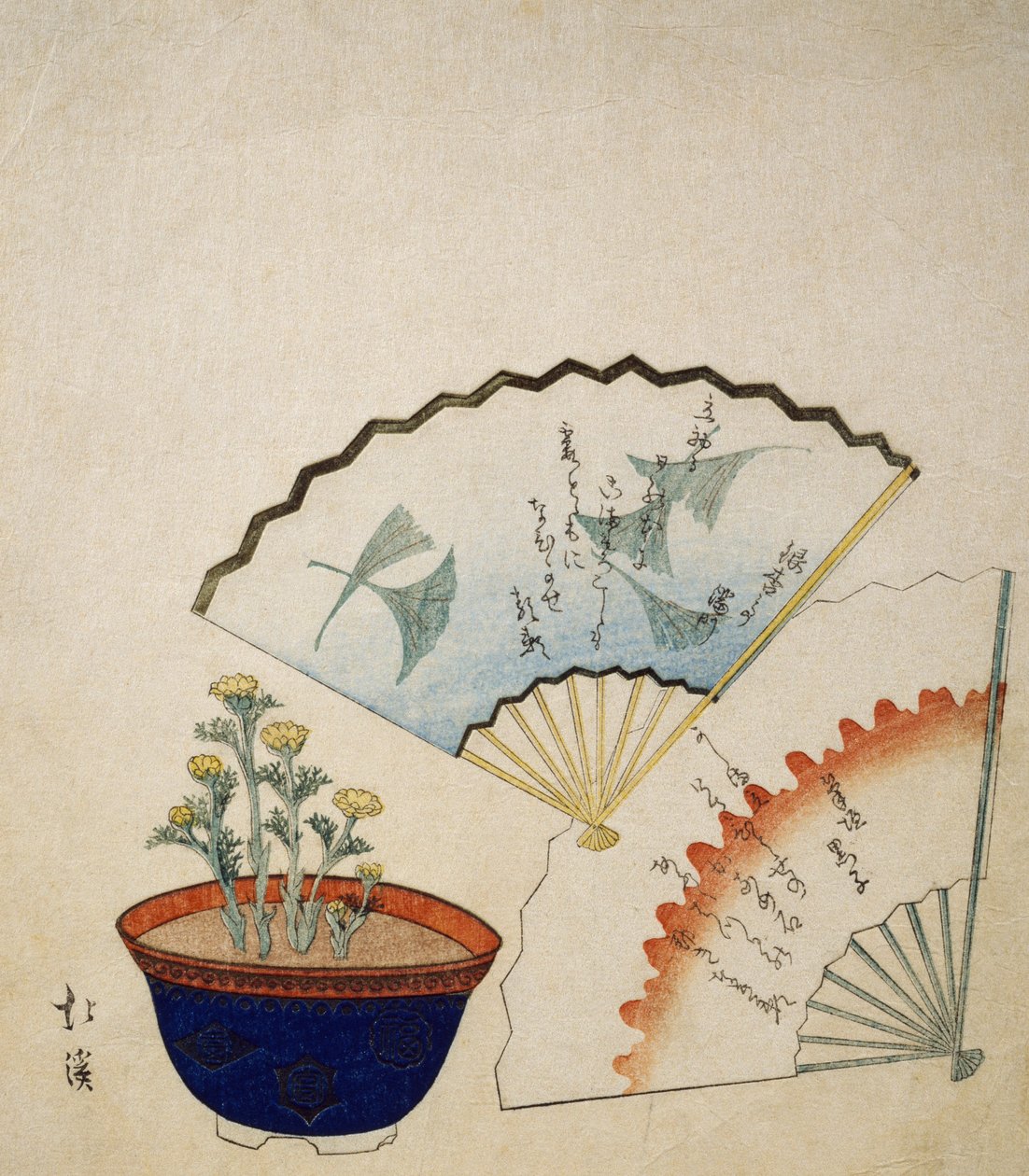 Vase med Adonis og to vifter dekorert med dikt av Ichotei Mitsunori og Fudegaki, ca 1830 av Toyota Hokkei