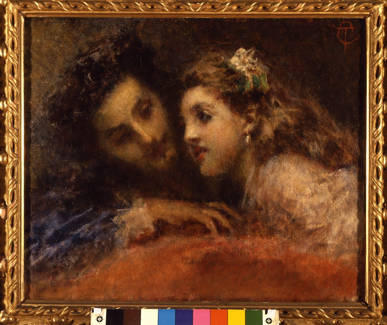 Attrazione (attraksjon), en mann lener seg mot et barn på en medskyldig og betryggende måte. Han er trolig en far og hans datter (jungeltelegrafen). Maleri av Tranquillo Cremona (1837-1878) Galleria d