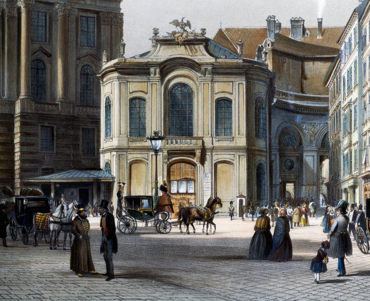 Burgtheater i Wien Michaelerplatz med Winterreitschule (vinterrideskole) til høyre, av Tranquillo Mollo (1767-1837), farget gravering, Østerrike av Tranquillo Mollo