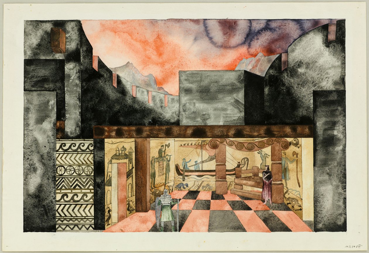 Scenedesign for Tragedy Die Nibelungen av Friedrich Hebbel, ca 1934. av Traugott Müller