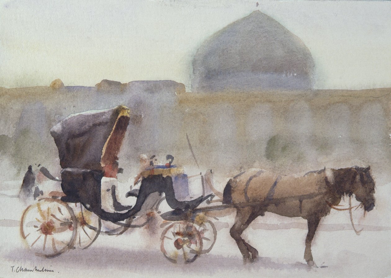 Hest og vogn, Naghshe Jahan-plassen, Isfahan (wc på papir) av Trevor Chamberlain