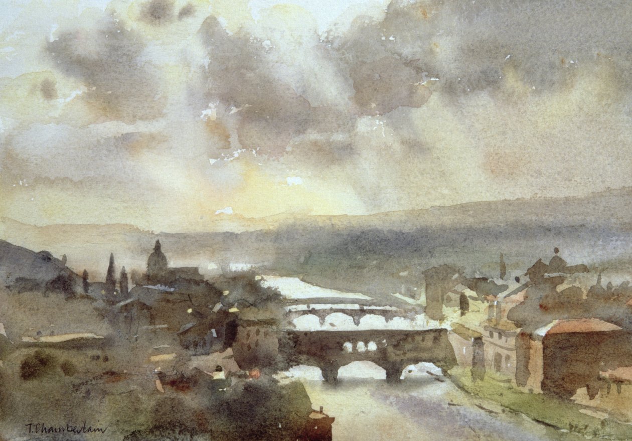 River Arno, Firenze (wc på papir) av Trevor Chamberlain