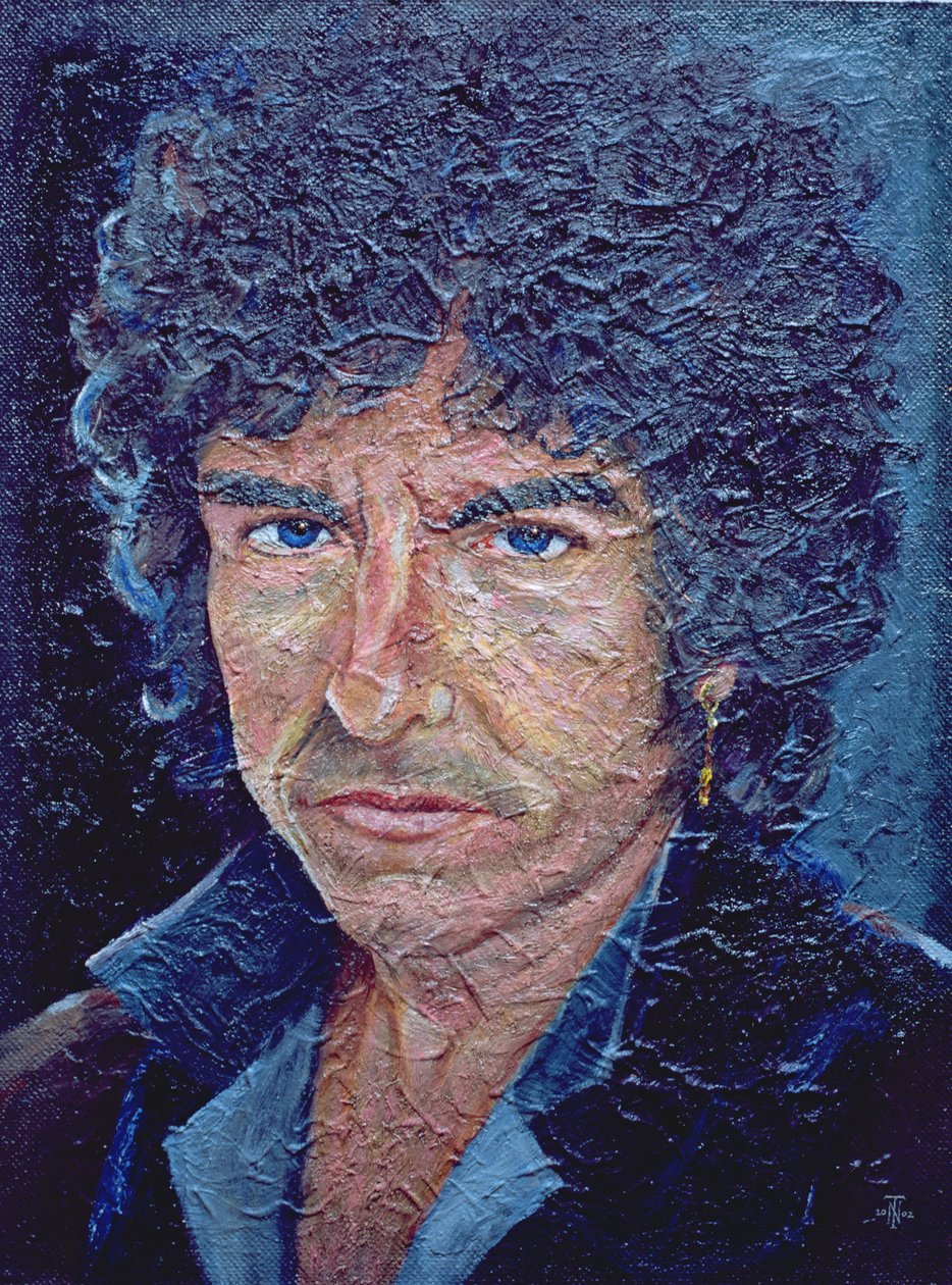 Dylan (f. 1941) (olje akryl på alabastin på hessian lagt bord) av Trevor Neal