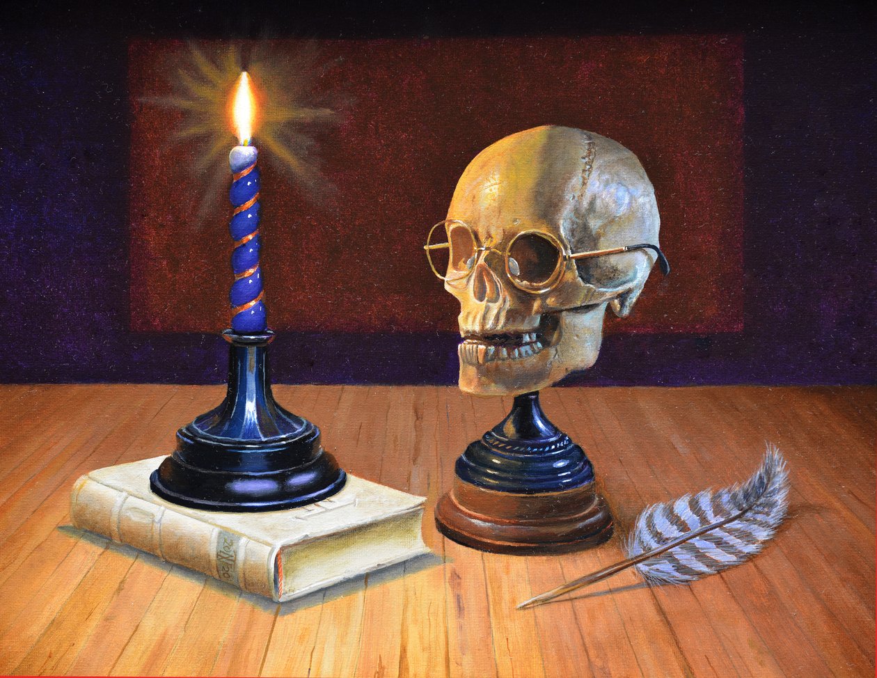 Candle and Skull, 2020 (olje på lerret) av Trevor Neal
