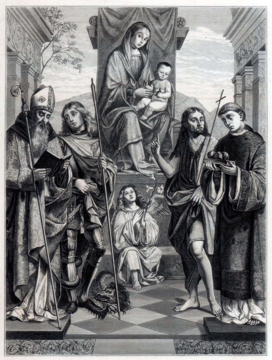 Madonna sitter på en trone omgitt av hellige, c1494-1517 1870 av Trichon