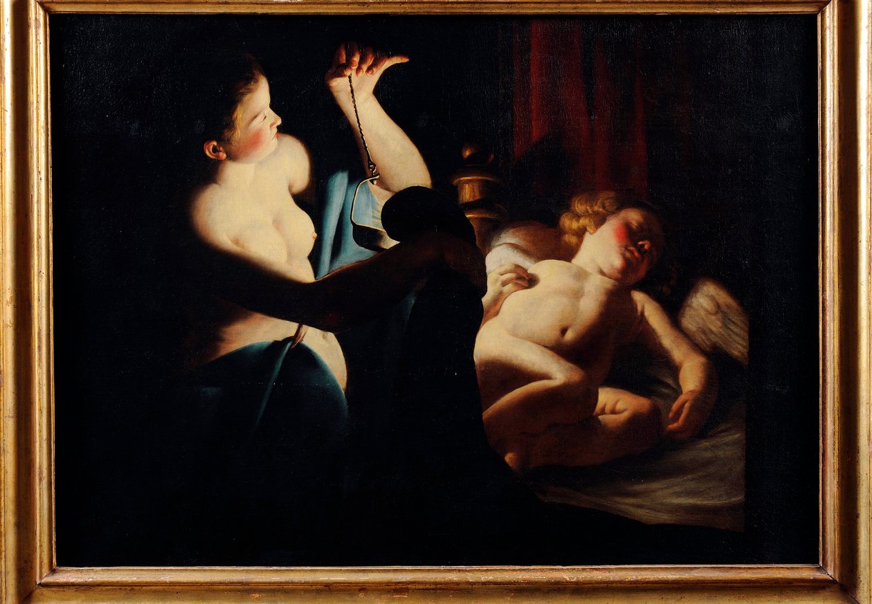 ""Psyche discovers Cupid"" (Psyche discovers Cupid) Maleri av Trophime (Theophisme) Bigot, dit le maitre a la chandelle (1579-1650) Olje på lerret - Pinacoteca Civica, Teramo av Trophime Bigot