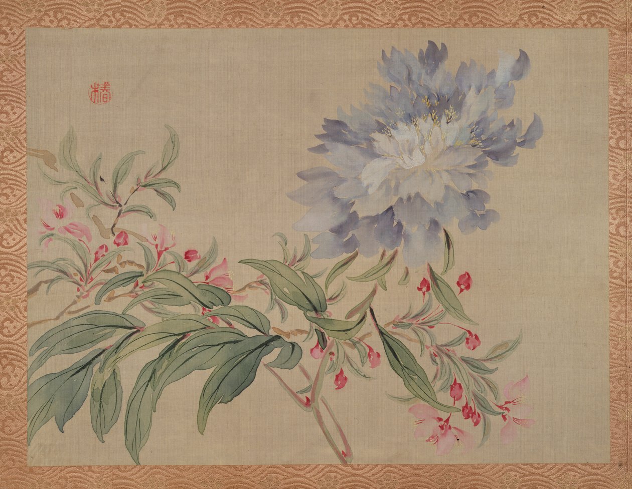 Blossom and a flower, 1851 (akvarell på silke) av Tsubaki Chinzan