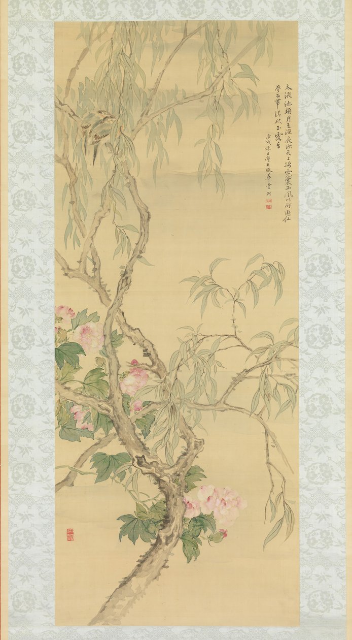 Små fugler på en pilegren og hibiskusblomster, datert høsten 1850. av Tsubaki Chinzan
