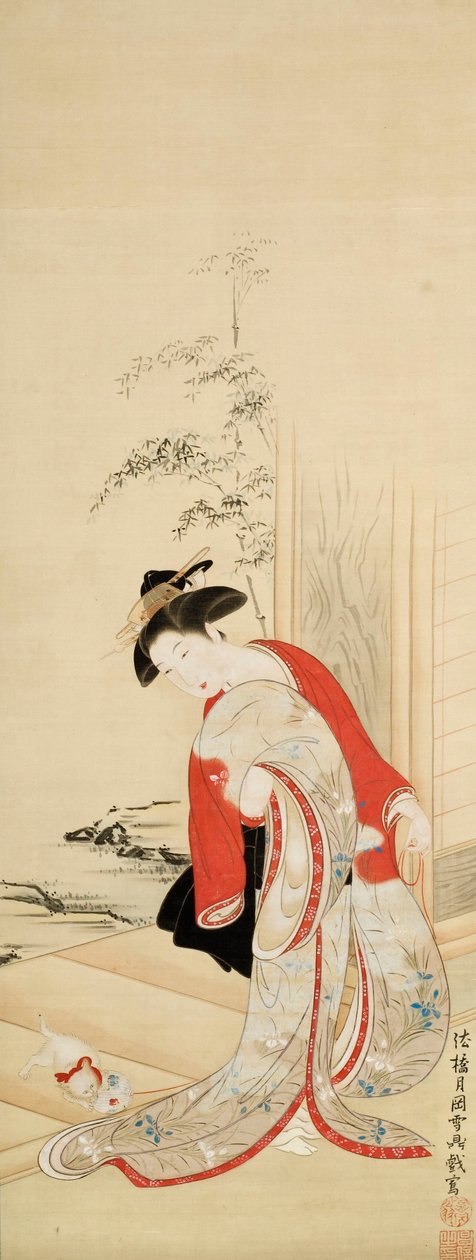 Vakker kvinne som leker med katt av Tsukioka Masanobu Settei