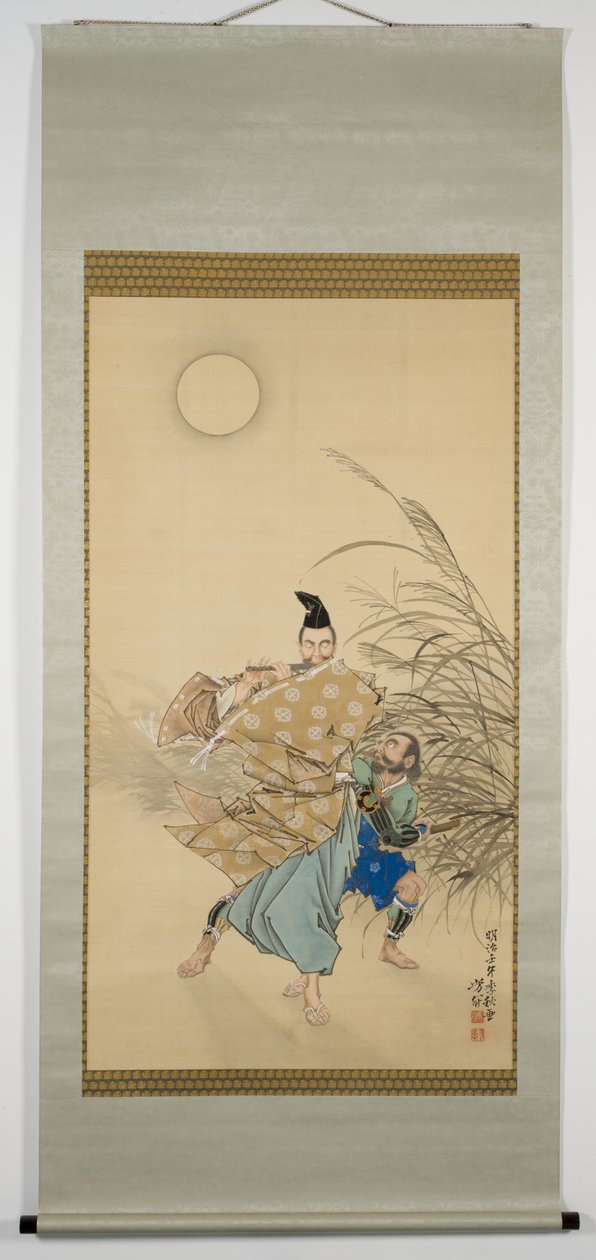 Fujiwara no Yasumasa Playing the Flute by Moonlight, sen høst, 1882 (blekk, farge, lakk, sølv og gull på silke) av Tsukioka Yoshitoshi