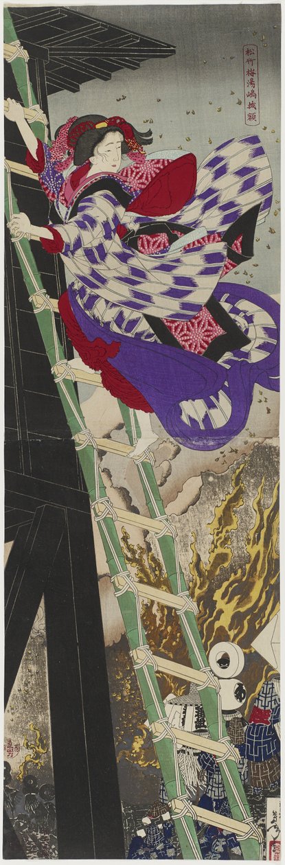 Furu, bambus og plomme: The Framed Painting at Yushima, 1885 (diptyk med treblokktrykk i farger) av Tsukioka Yoshitoshi