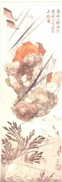 Rorihakucho Cho Jun og Kokusempu Ri Ki, i en kamp under vann, fra romanen Suikoden, 1800-tallet (farget treblokktrykk) av Tsukioka Yoshitoshi
