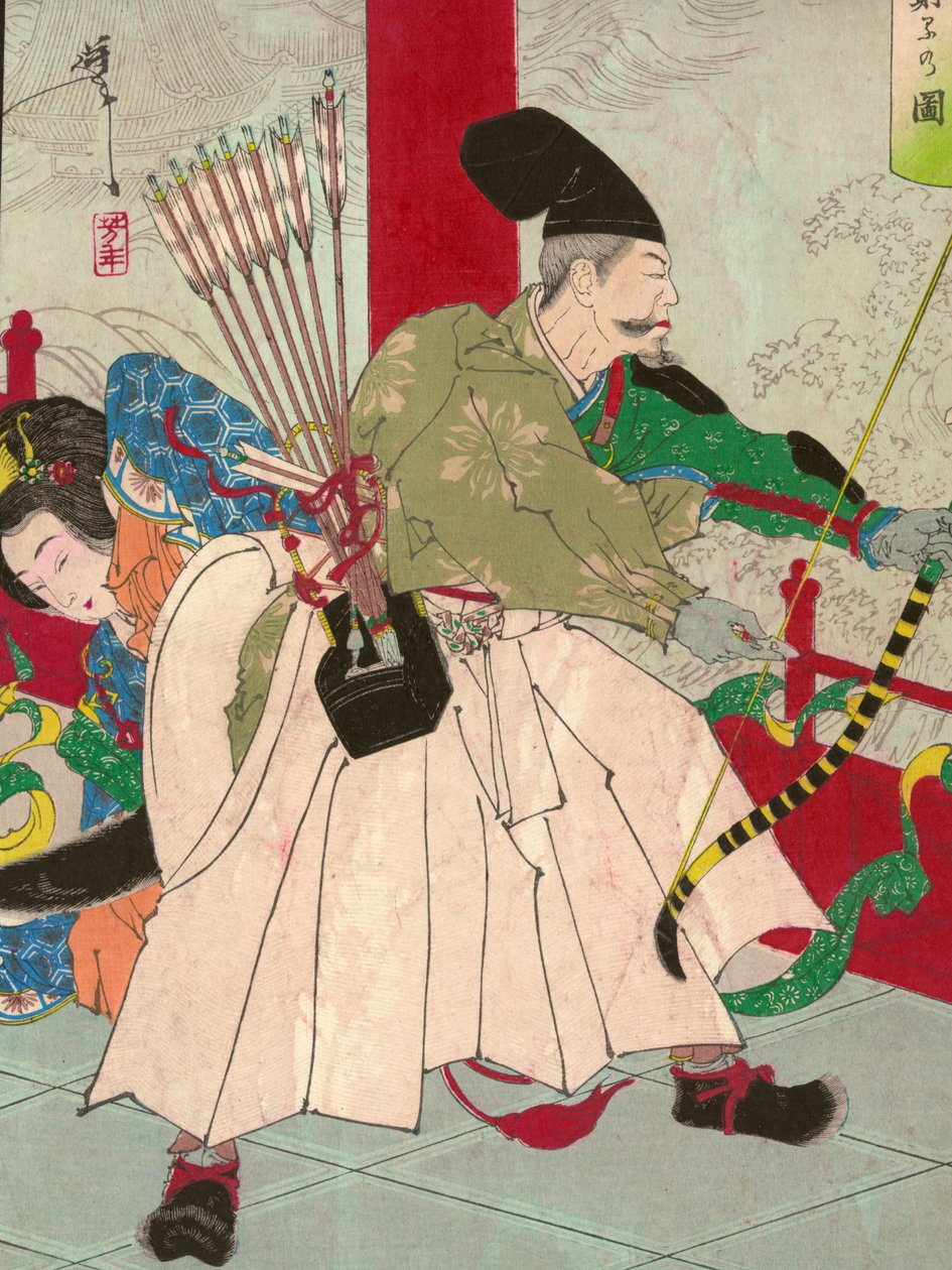 Watanabe no Tsuna, med bue og piler, på Palace of the demon Ibaraki, pub. ca. 1880 (håndfarget treblokk) av Tsukioka Yoshitoshi