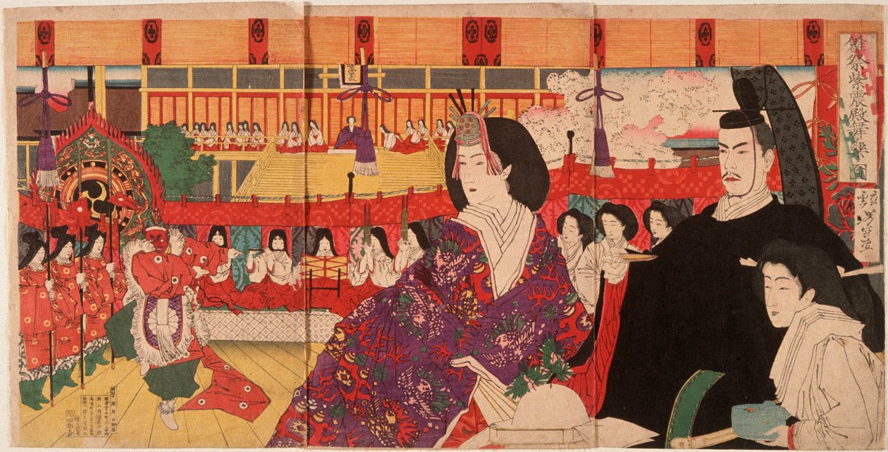 En bugaku-forestilling i keiserpalasset under Dukkefestivalen av Tsukioka Yoshitoshi