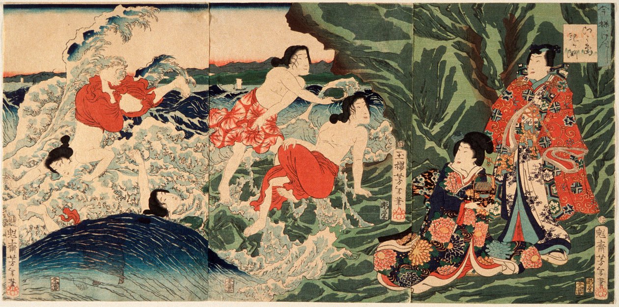 En moderne prins Genji ved Chigogafuchi, Enoshima av Tsukioka Yoshitoshi