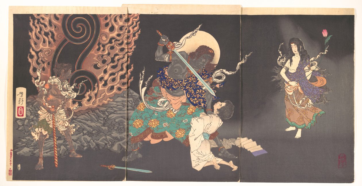 Fudō Myōō truer en novise av Tsukioka Yoshitoshi