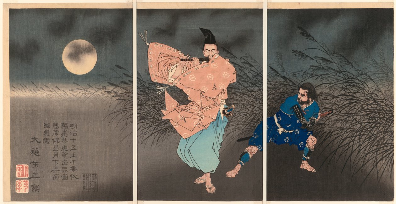 Fujiwara no Yasumasa spiller sin fløyte i måneskinnet av Tsukioka Yoshitoshi