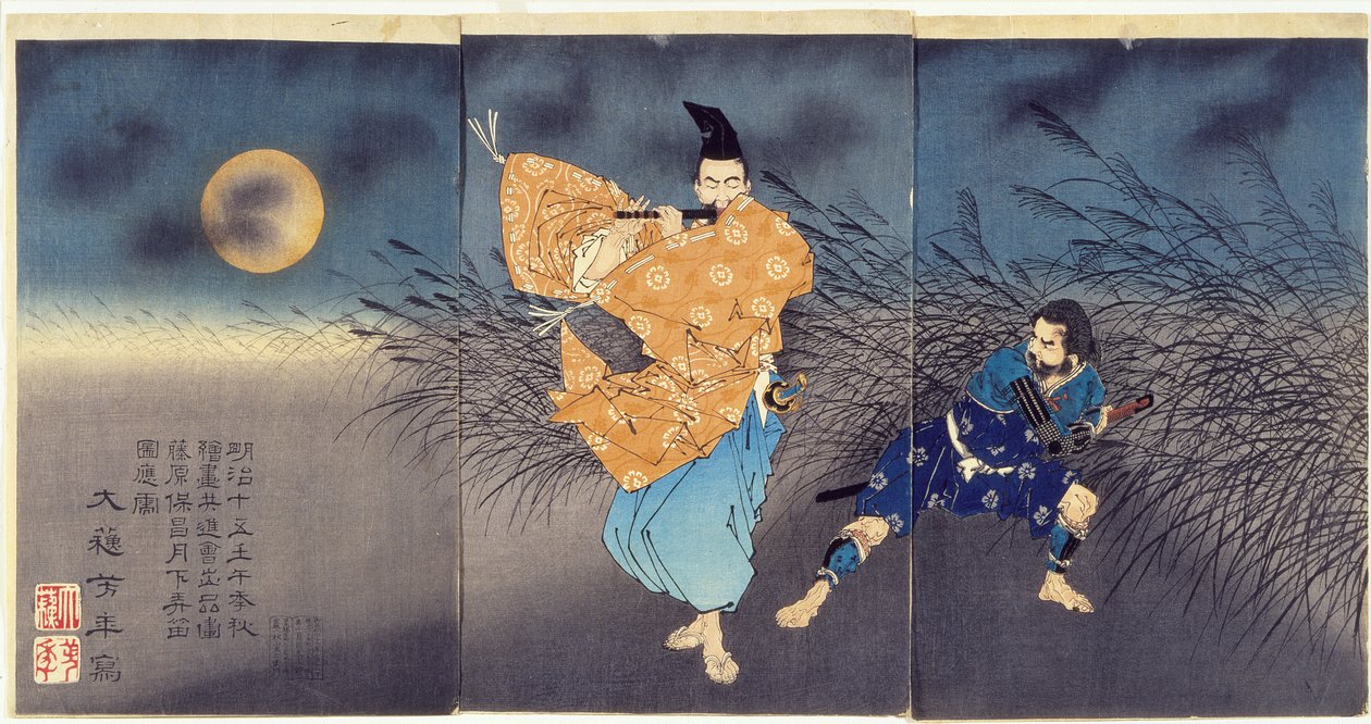 Fujiwara no Yasumasa spiller fløyte i måneskinn av Tsukioka Yoshitoshi