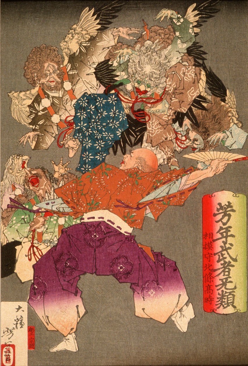 Hōjō Takatoki, herre av Sagami, som avverger tengu med viften sin av Tsukioka Yoshitoshi