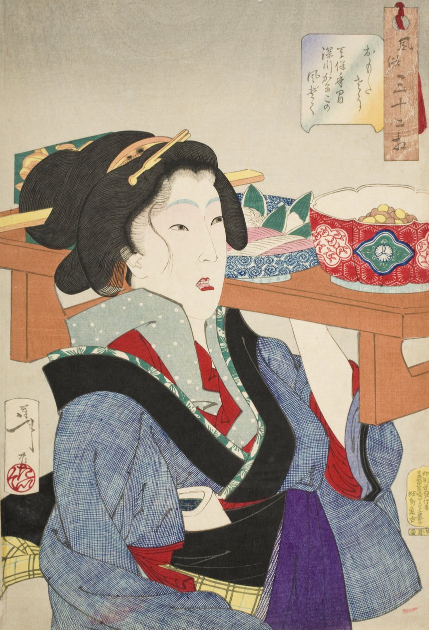 Nedslått blikk: En servitørs væremåte i Fukagawa i Tenpō-perioden av Tsukioka Yoshitoshi