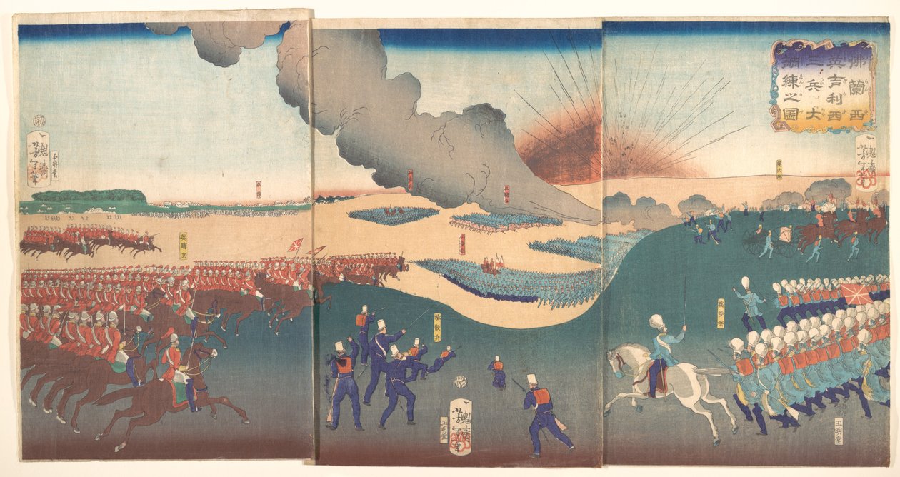 Manøvrer med tre kategorier franske og engelske soldater (Furansu Igirisu sanhei ōchōren no zu) av Tsukioka Yoshitoshi