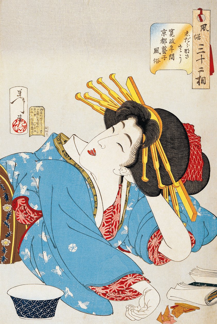 Øyeblikk for avslapning, Face of Kansei-periodens Geisha fra Kyoto, Illustrasjon av Tsukioka Yoshitoshi (1839-1892) fra Trettito aspekter av skikker og oppførsel, Oban-tate-e tresnitt, 37,5 x 26 cm, japansk sivilisasjon av Tsukioka Yoshitoshi