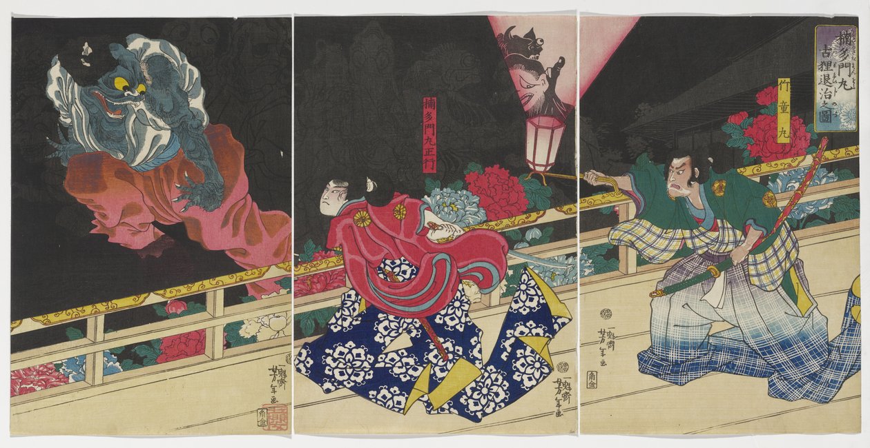 Bilde av Kusunoki Tamonmaru som erobrer den gamle grevlingen, 1860 av Tsukioka Yoshitoshi