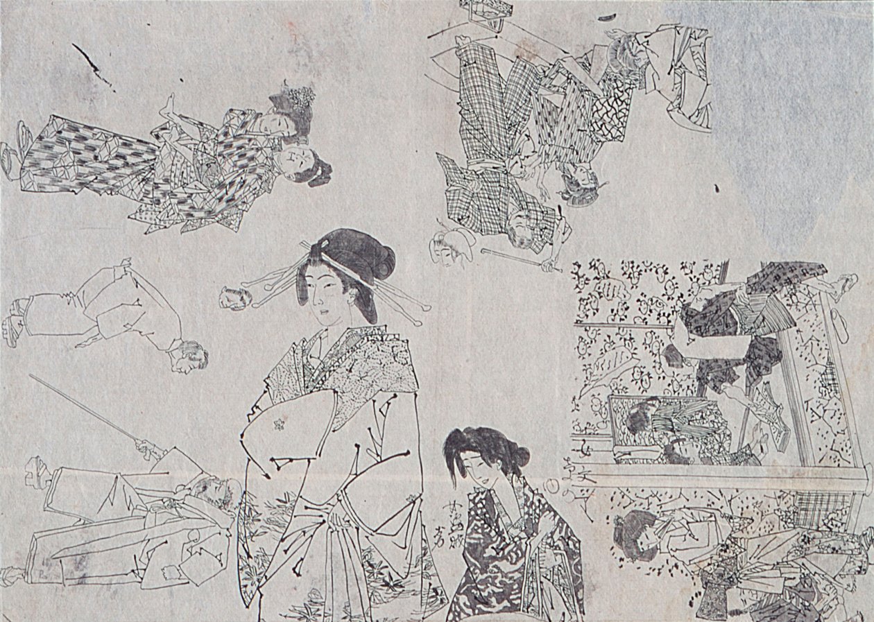 Forberedende tegninger til illustrasjoner av melodramaer av Tsukioka Yoshitoshi