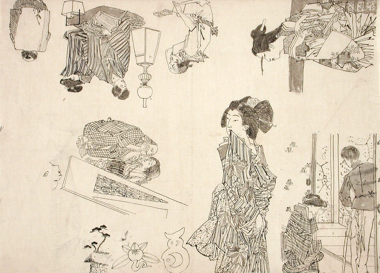Forberedende tegninger til illustrasjoner av melodramaer av Tsukioka Yoshitoshi