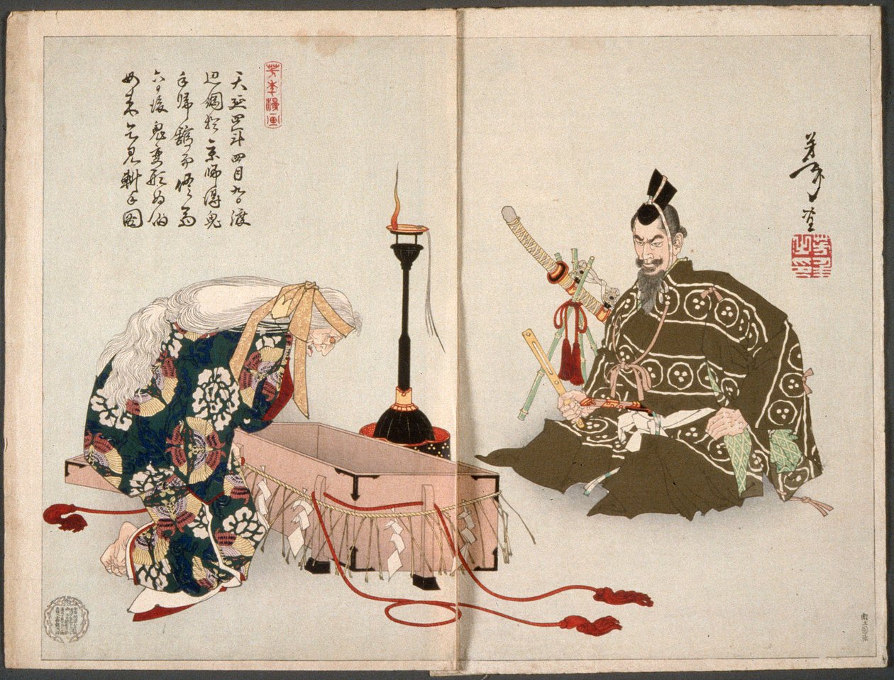 Demonen fra Rashōmon besøker Watanabe no Tsuna forkledd som en gammel kvinne for å hente tilbake den avhogde armen sin av Tsukioka Yoshitoshi