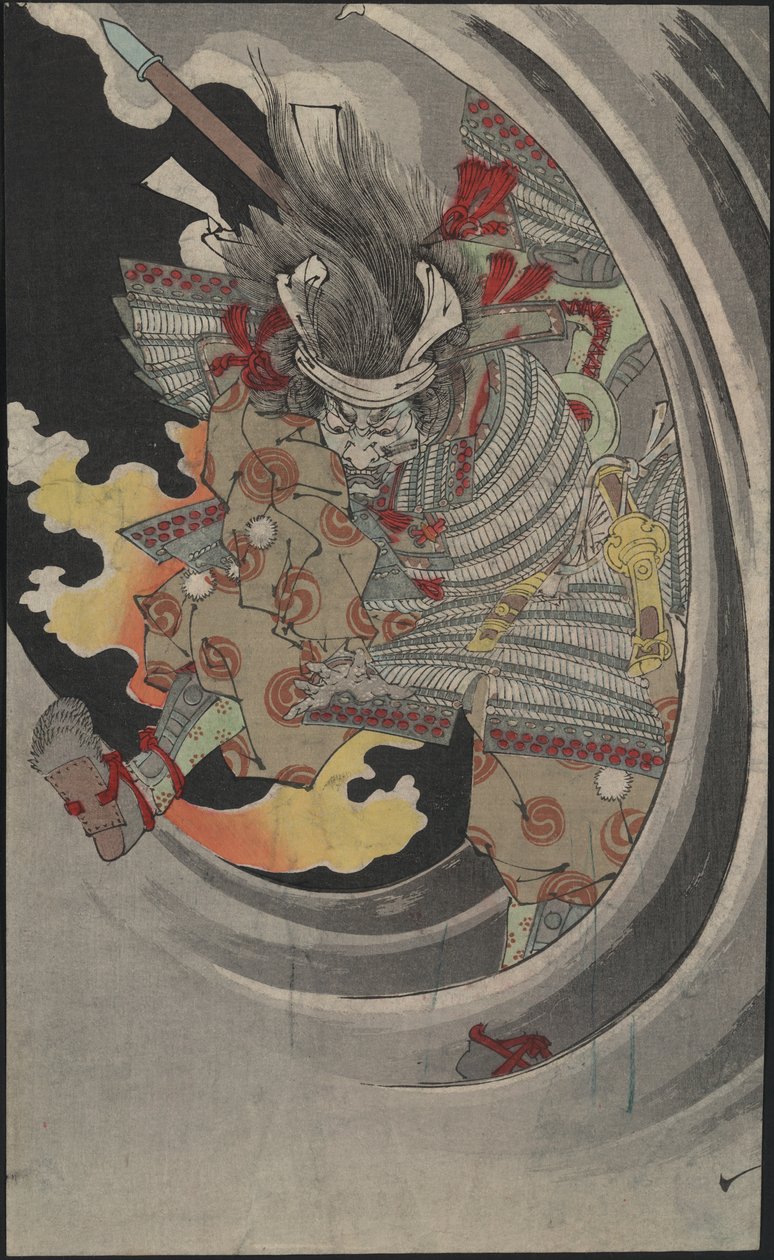 Spøkelset til generalen Taira no Tomomori som raser gjennom bølger ved Nunobiki-fossen, 1889. av Tsukioka Yoshitoshi