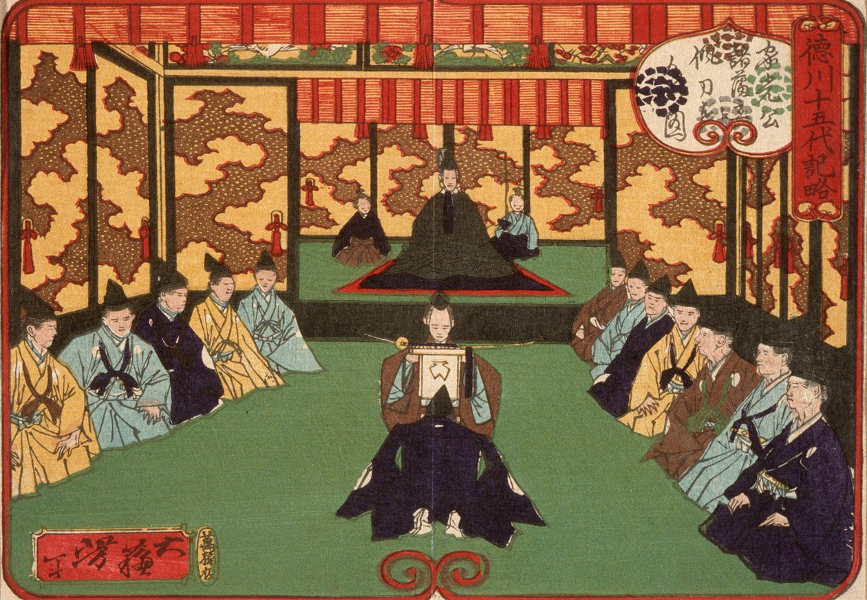 Tokugawa Iemitsu mottar herrer i audiens av Tsukioka Yoshitoshi