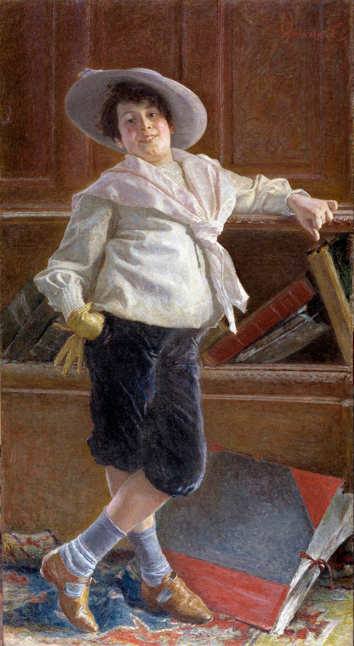 Portrett av en smilende liten gutt, iført en sjømannskjole Maleri av Tullio Salvatore Quinzio (1858-1918) Dim 80x100 cm Genes, Galleria d