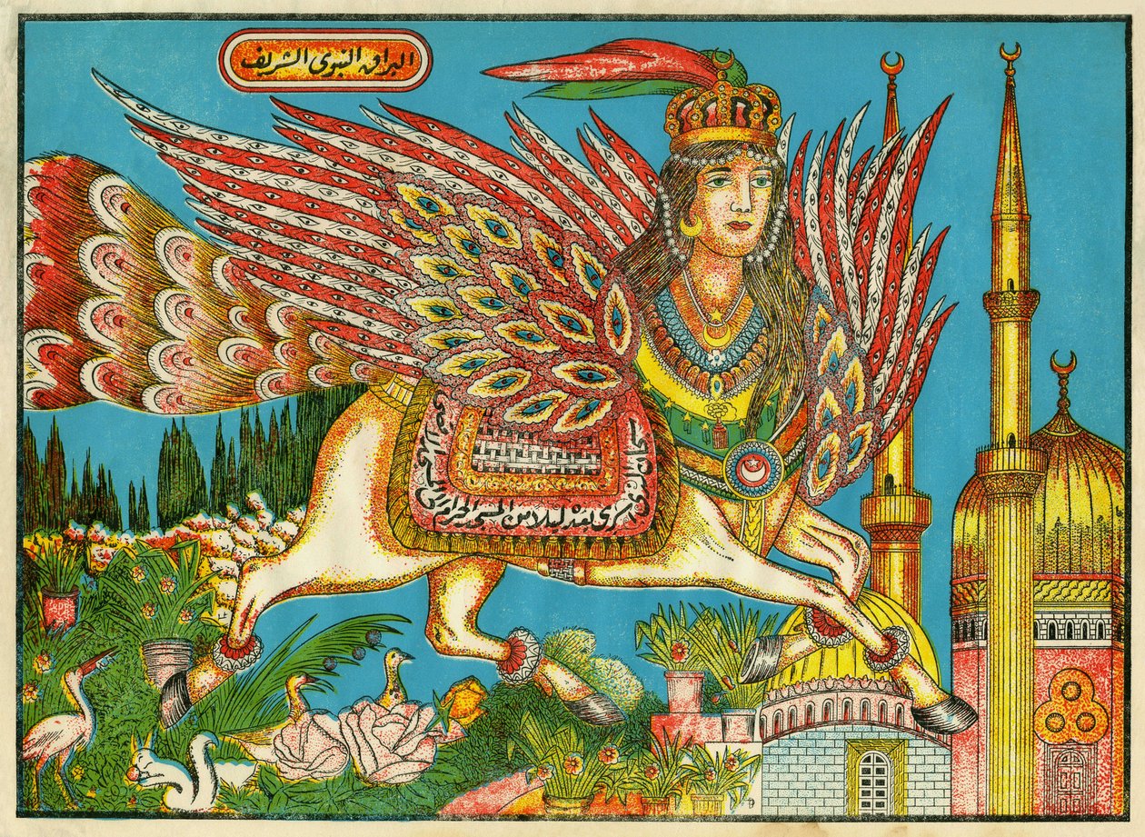 Al-Bourak (Al Bourak) (Buraq, Bouraq, Burak), hestevinge med kvinnehode og påfuglhale, som Muhammed, guidet av erkeengelen Gabriel, reiste om natten fra Mekka til Al-Aksa. Populære bilder, Tunisia av Tunisian School