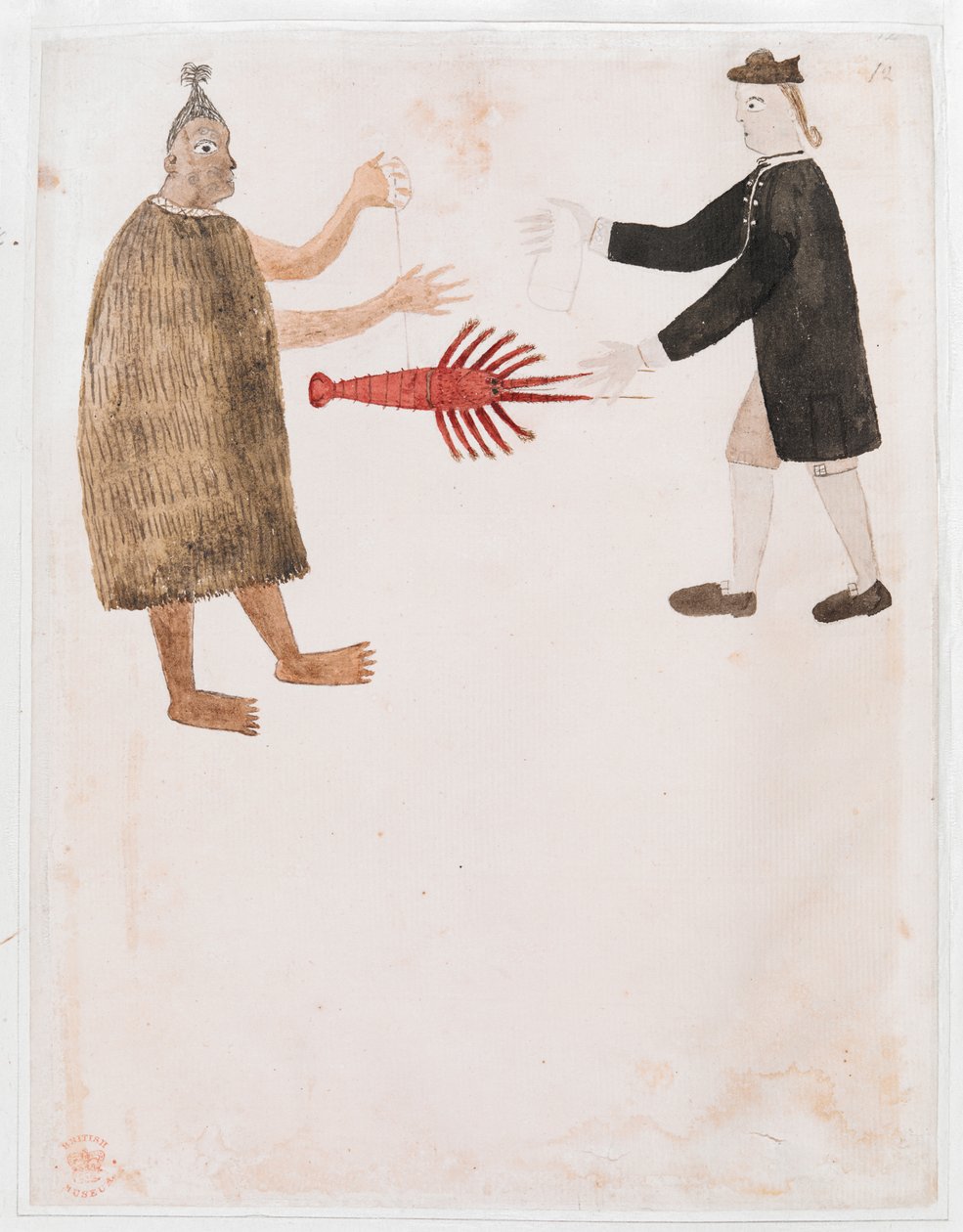 Legg til MS 15508 [Tegning nr.12] En maori som bytter en kreps med en engelsk sjøoffiser, 