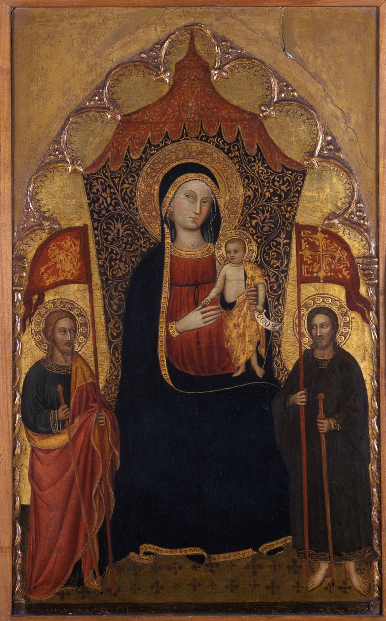 Tronet Madonna og barn med apostelen Jakob den eldste og St. Ranieri, ca. 1410-20 (tempera på poppeltre) av Turino Vanni