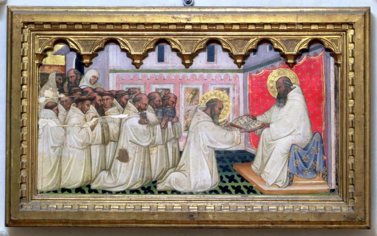 St. Benedict overlater den nye ordens styre til munkene på Monte Cassino (tempera på panel) av Turino Vanni
