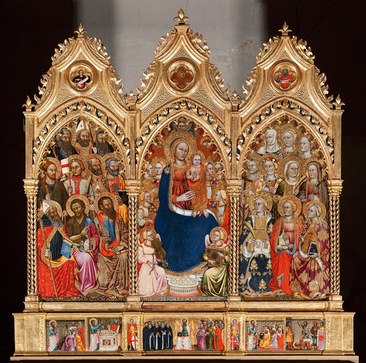 Predella med livet til Saint Bartholomew, fra jomfru og barn omgitt av engler og helgener (olje på panel av Turino Vanni