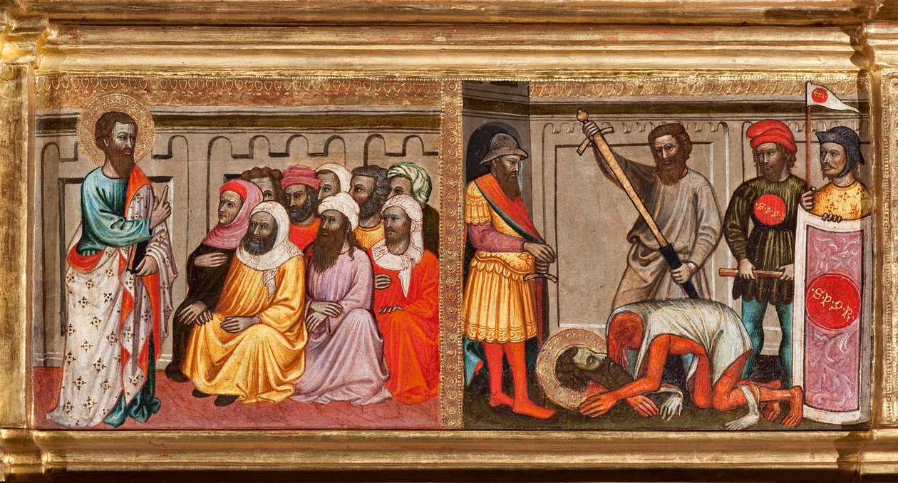 Predella med livet til den hellige Bartolomeus, halshugget i Armenia, detalj fra jomfru og barn omgitt av engler og helgener (olje på panel av Turino Vanni