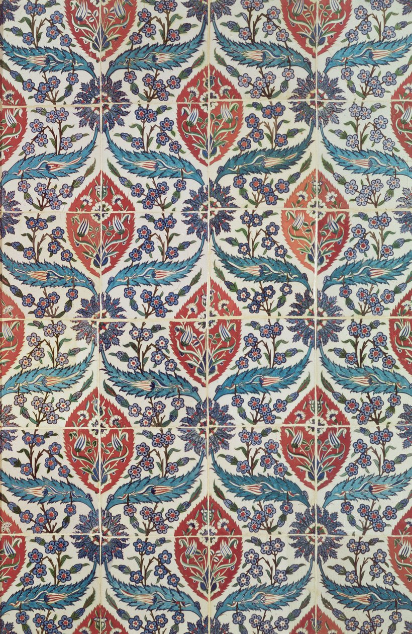 Panel av Isnik lergodsfliser fra badene til Eyup Ensari, Istanbul, ca. 1550-1600 (keramikk) av Turkish School