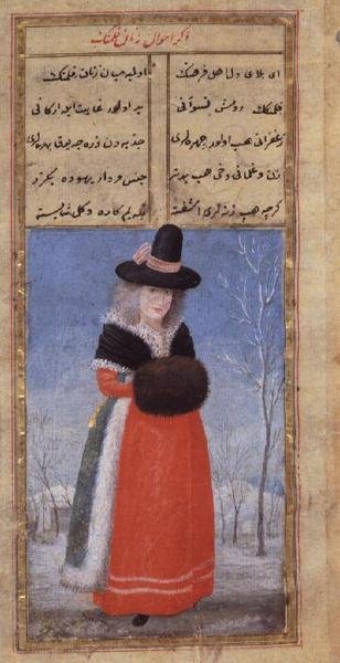 En nederlandsk kvinne i vinterdrakt av Fazil Husayn Andaruni, Or 7094 f.44, sent på 1700-tallet av Turkish School