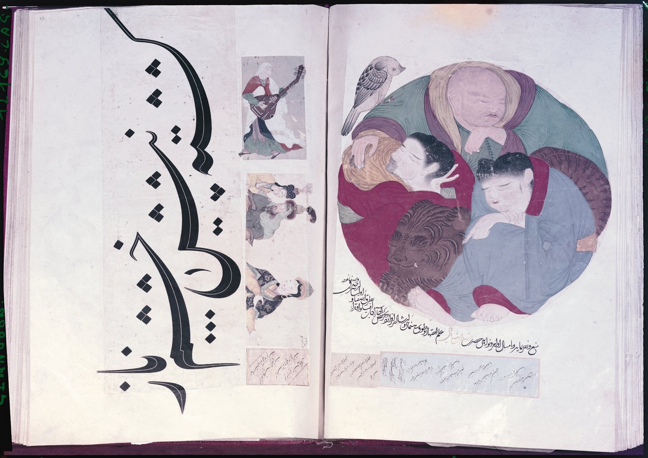 Album 2160 Folk som sover og kalligrafi, fra et album med miniatyrer, 1200-1400-tallet av Turkish School