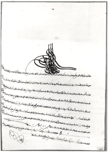Dokument som gir sikker passasje gitt til Rene de Chateaubriand (1768–1848) av Sultan Selim III (1761–1808) 14.–23. september 1806 (penn og blekk på papir) av Turkish School