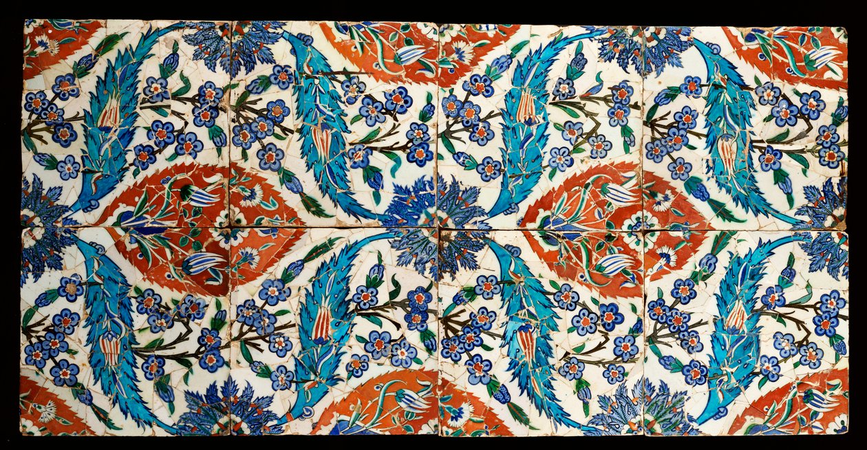 Åtte kompositt Iznik polykrome firkantede fliser, ca. 1575 av Turkish School