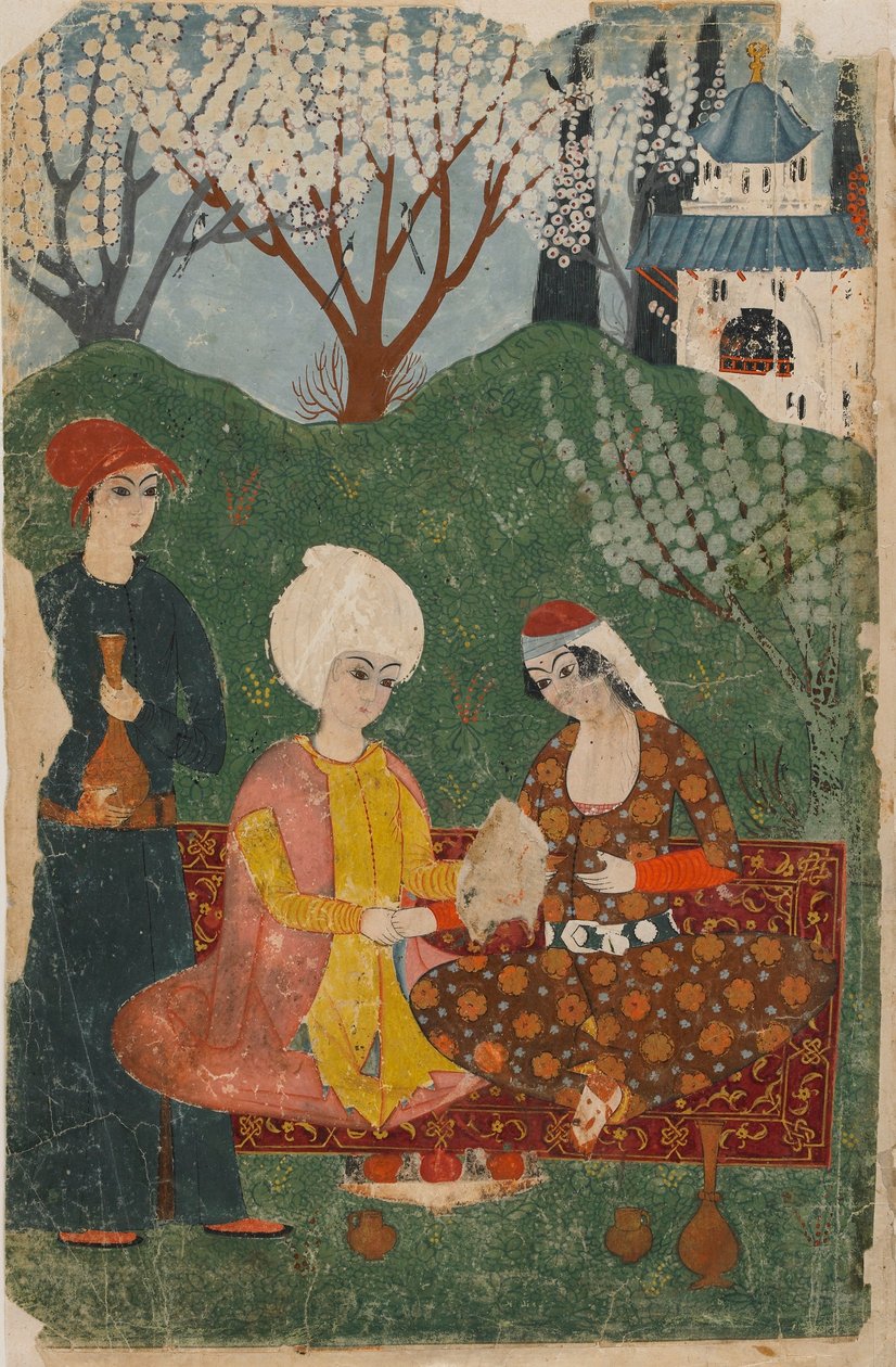 Folio fra en uidentifisert tekst; recto: Prince and Princess Seated on a Carpet, Istanbul, ca. 1700-25 (ugjennomsiktig akvarell, blekk og gull på papir) av Turkish School